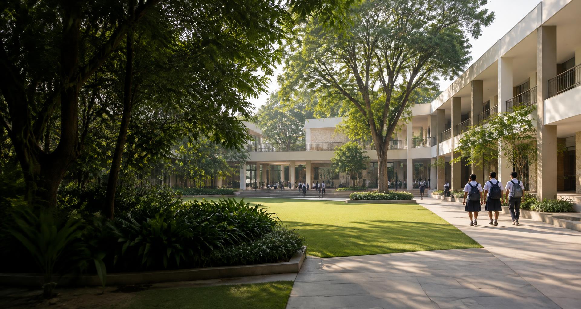 A landscaped school courtyard with students walking to class